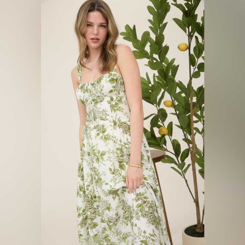 Floral Green and White Maxi Dress - Sleeveless Square Neck - Picture 3 of 5